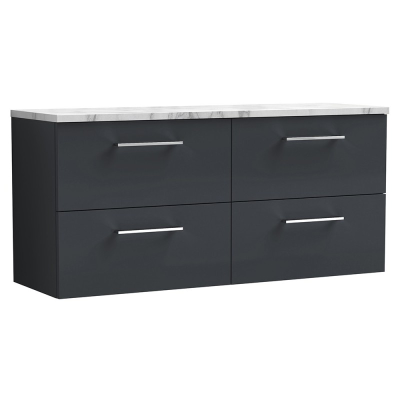 Arno 1200mm Wall Hung 4 Drawer Vanity Unit & Laminate Worktop - Soft Black/Carrera Marble Arno 1200mm Wall Hung 4 Drawer Vanity Unit & Laminate Worktop - Soft Black/Carrera Marble