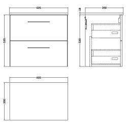 Arno 600mm Wall Hung 2 Drawer Vanity & Laminate Worktop - Soft Black - Technical Drawing