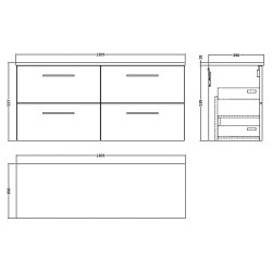 Arno 1200mm Wall Hung 4 Drawer Vanity & Laminate Worktop - Soft Black - Technical Drawing
