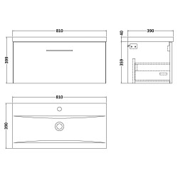 Arno 800mm Wall Hung 1 Drawer Vanity & Mid-Edge Ceramic Basin - Soft Black - Technical Drawing