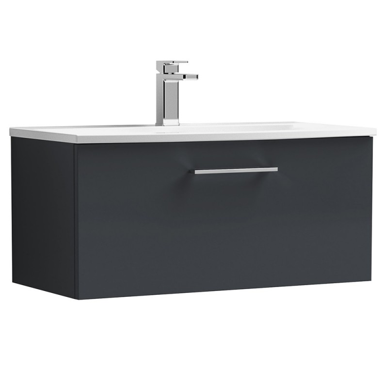 Arno 800mm Wall Hung 1 Drawer Vanity & Curved Ceramic Basin - Soft Black Arno 800mm Wall Hung 1 Drawer Vanity & Curved Ceramic Basin - Soft Black