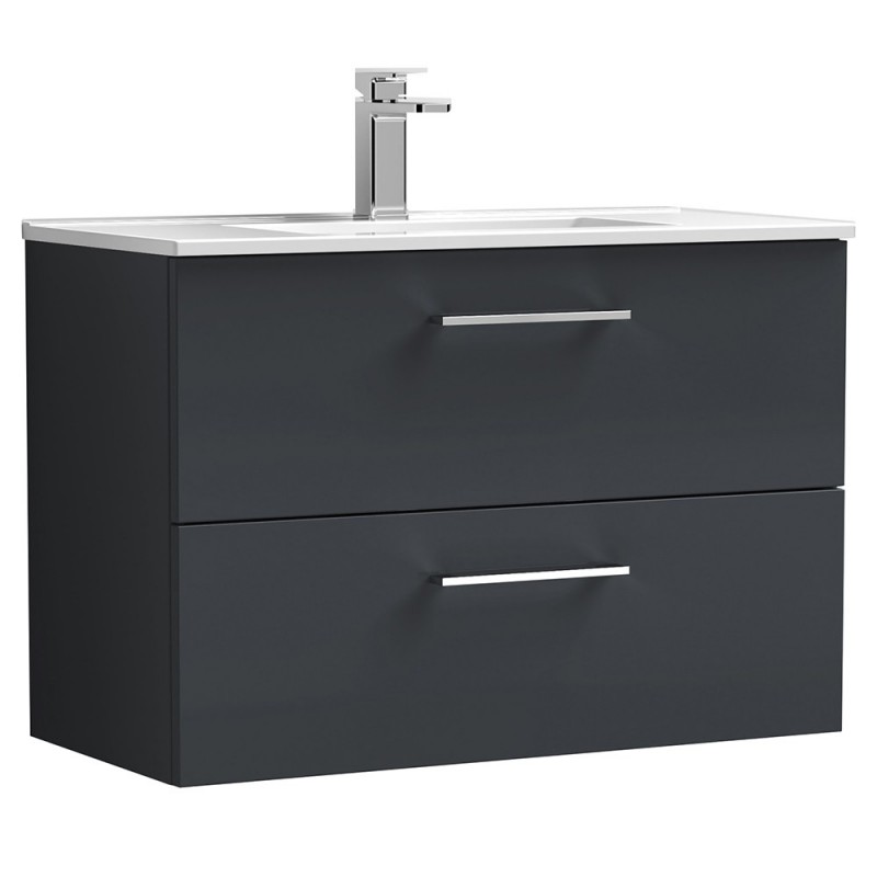 Arno 800mm Wall Hung 2 Drawer Vanity Unit & Minimalist Ceramic Basin - Soft Black Arno 800mm Wall Hung 2 Drawer Vanity Unit & Minimalist Ceramic Basin - Soft Black
