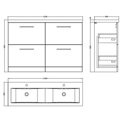 Arno 1200mm Freestanding 4 Drawer Vanity & Double Ceramic Basin - Soft Black - Technical Drawing