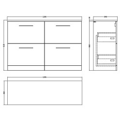 Arno 1200mm Freestanding 4 Drawer Vanity & Laminate Worktop - Soft Black - Technical Drawing