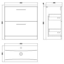 Arno 800mm Freestanding 2 Drawer Vanity & Mid-Edge Ceramic Basin - Soft Black - Technical Drawing