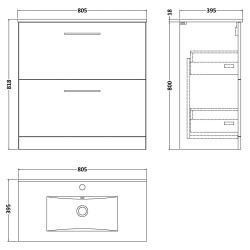 Arno 800mm Freestanding 2 Drawer Vanity & Minimalist Ceramic Basin - Soft Black - Technical Drawing