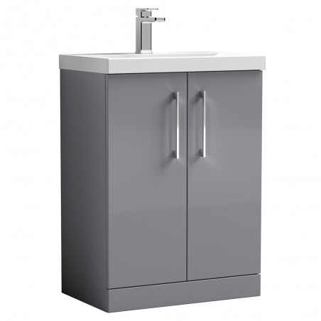 Arno 600mm Freestanding 2 Door Vanity Unit with Mid-Edge Ceramic Basin - Satin Grey