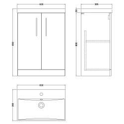 Arno 600mm Freestanding 2 Door Vanity Unit with Thin-Edge Ceramic Basin - Satin Grey - Technical Drawing