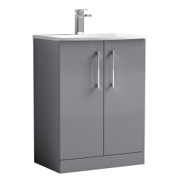 Arno 600mm Freestanding 2 Door Vanity Unit with Curved Ceramic Basin - Satin Grey