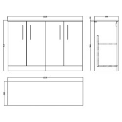 Arno 1200mm Freestanding 4 Door Vanity Unit with Laminate Worktop - Satin Grey - Technical Drawing