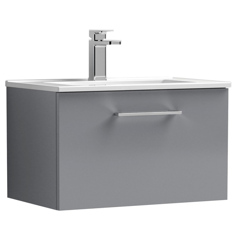 Arno 600mm Wall Hung 1 Drawer Vanity & Minimalist Ceramic Basin - Satin Grey Arno 600mm Wall Hung 1 Drawer Vanity & Minimalist Ceramic Basin - Satin Grey