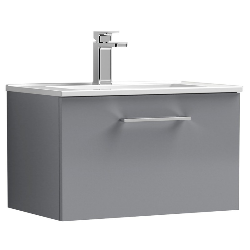 Arno 600mm Wall Hung 1 Drawer Vanity & Minimalist Ceramic Basin - Satin Grey