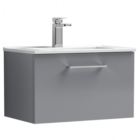 Arno 600mm Wall Hung 1 Drawer Vanity & Minimalist Ceramic Basin - Satin Grey