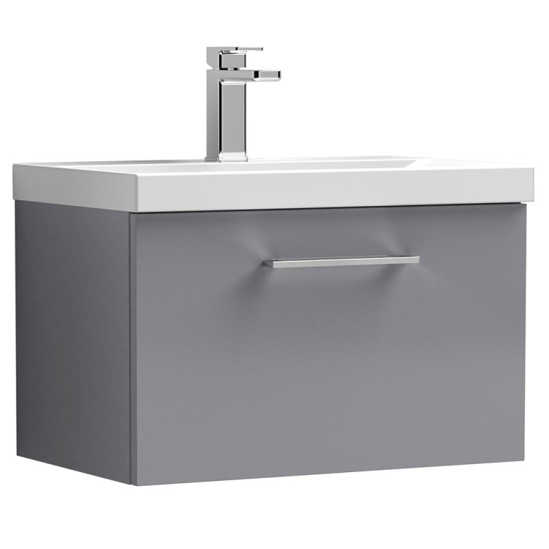 Arno 600mm Wall Hung 1 Drawer Vanity & Thin-Edge Ceramic Basin - Satin Grey Arno 600mm Wall Hung 1 Drawer Vanity & Thin-Edge Ceramic Basin - Satin Grey