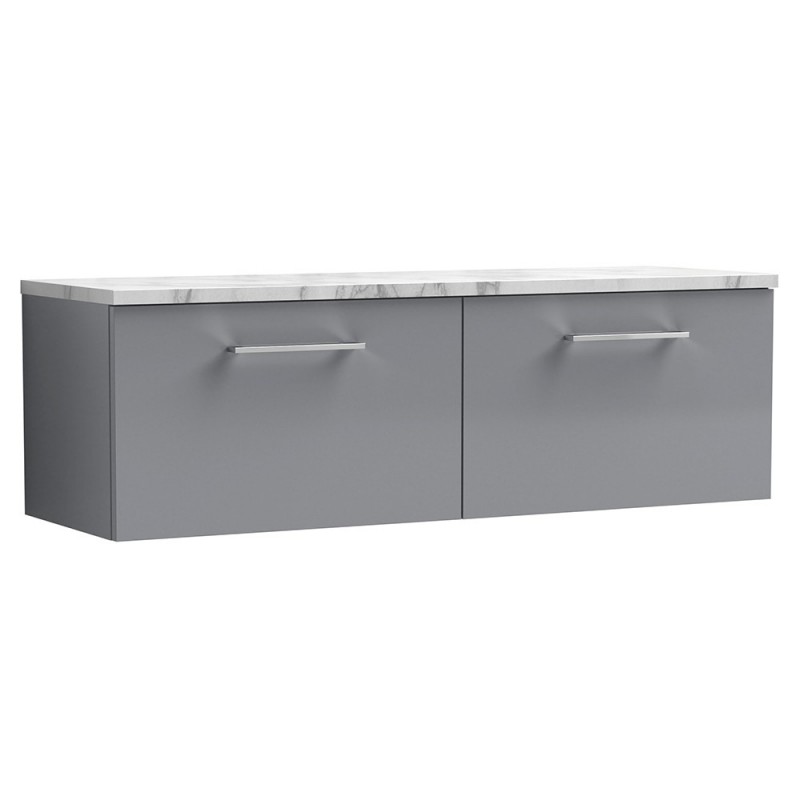Arno 1200mm Wall Hung 2 Drawer Vanity Unit & Laminate Worktop - Satin Grey/Carrera Marble Arno 1200mm Wall Hung 2 Drawer Vanity Unit & Laminate Worktop - Satin Grey/Carrera Marble