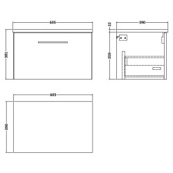 Arno 600mm Wall Hung 1 Drawer Vanity & Laminate Worktop - Satin Grey/Sparkle White - Technical Drawing