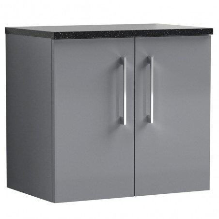 Arno 600mm Wall Hung 2 Door Vanity & Laminate Worktop - Satin Grey/Black Sparkle