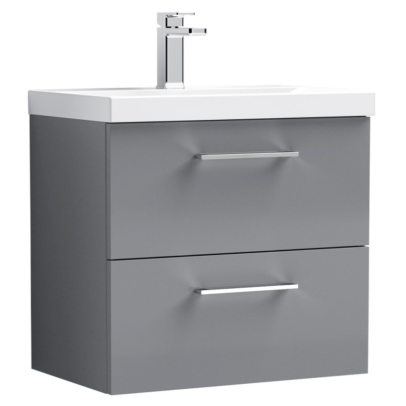 Arno 600mm Wall Hung 2 Drawer Vanity & Thin-Edge Ceramic Basin - Satin Grey Arno 600mm Wall Hung 2 Drawer Vanity & Thin-Edge Ceramic Basin - Satin Grey