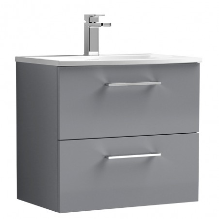 Arno 600mm Wall Hung 2 Drawer Vanity & Curved Ceramic Basin - Satin Grey