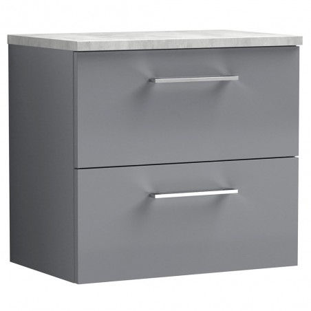 Arno 600mm Wall Hung 2 Drawer Vanity & Laminate Worktop - Satin Grey/Bellato Grey