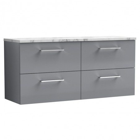 Arno 1200mm Wall Hung 4 Drawer Vanity Unit & Laminate Worktop - Satin Grey/Carrera Marble