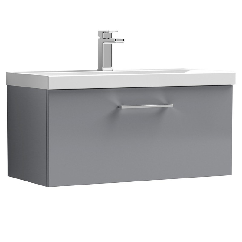 Arno 800mm Wall Hung 1 Drawer Vanity & Mid-Edge Ceramic Basin - Satin Grey Arno 800mm Wall Hung 1 Drawer Vanity & Mid-Edge Ceramic Basin - Satin Grey