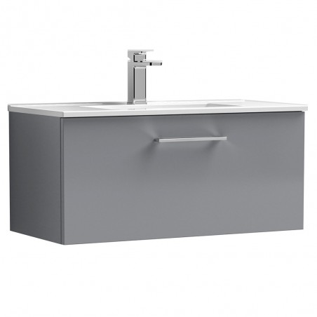 Arno 800mm Wall Hung 1 Drawer Vanity & Minimalist Ceramic Basin - Satin Grey