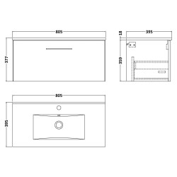 Arno 800mm Wall Hung 1 Drawer Vanity & Minimalist Ceramic Basin - Satin Grey - Technical Drawing