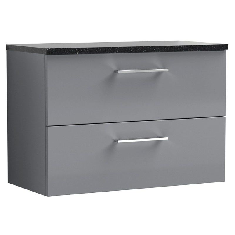 Arno 800mm Wall Hung 2 Drawer Vanity & Laminate Worktop - Satin Grey/Black Sparkle Arno 800mm Wall Hung 2 Drawer Vanity & Laminate Worktop - Satin Grey/Black Sparkle