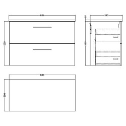 Arno 800mm Wall Hung 2 Drawer Vanity & Laminate Worktop - Satin Grey - Technical Drawing