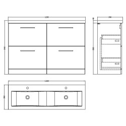 Arno 1200mm Freestanding 4 Drawer Vanity & Double Ceramic Basin - Satin Grey - Technical Drawing