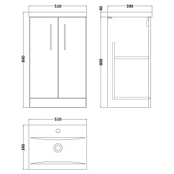 Arno 500mm Freestanding 2 Door Vanity Unit with Mid-Edge Basin - Solace Oak - Technical Drawing