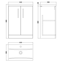 Arno 600mm Freestanding 2 Door Vanity Unit with Mid-Edge Basin - Solace Oak - Technical Drawing