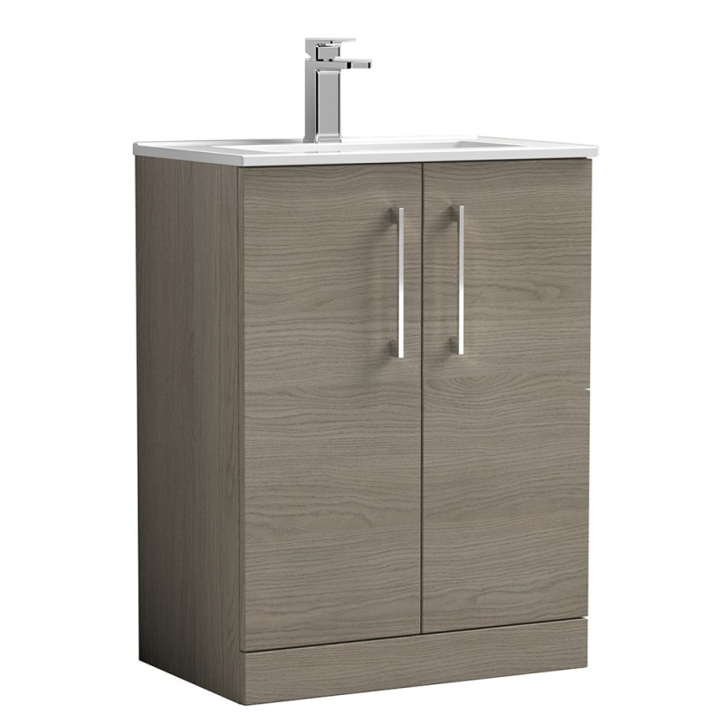 Arno 600mm Freestanding 2 Door Vanity Unit with Minimalist Basin - Solace Oak Arno 600mm Freestanding 2 Door Vanity Unit with Minimalist Basin - Solace Oak