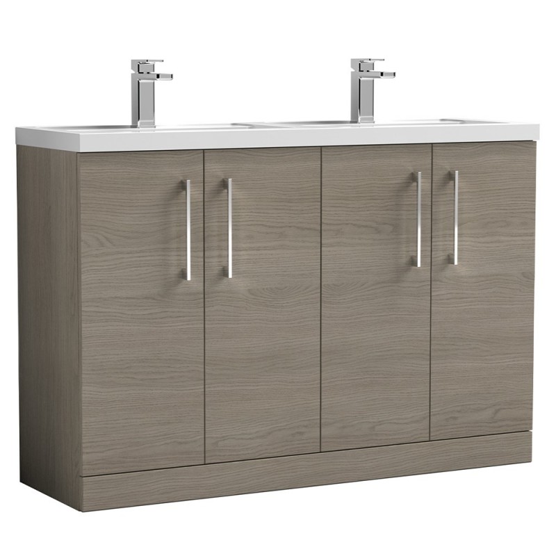 Arno 1200mm Freestanding 4 Door Vanity Unit with Double Polymarble Basin - Solace Oak Woodgrain Arno 1200mm Freestanding 4 Door Vanity Unit with Double Polymarble Basin - Solace Oak Woodgrain