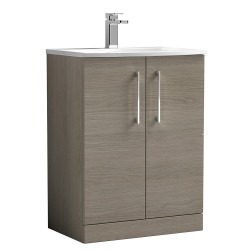 Arno 600mm Freestanding 2 Door Vanity Unit with Curved Basin - Solace Oak
