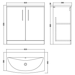 Arno 800mm Freestanding 2 Door Vanity Unit with Curved Basin - Solace Oak - Technical Drawing