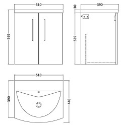 Arno 500mm Wall Hung 2 Door Vanity Unit with Curved Basin - Solace Oak - Technical Drawing