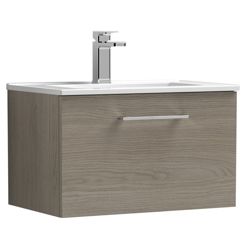 Arno 600mm Wall Hung Single Drawer Vanity Unit with Minimalist Basin - Solace Oak