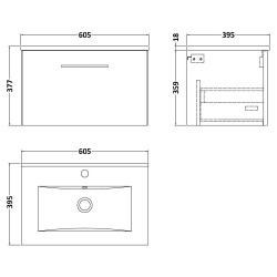 Arno 600mm Wall Hung Single Drawer Vanity Unit with Minimalist Basin - Solace Oak - Technical Drawing