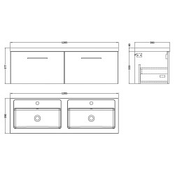 Arno 1200mm Wall Hung 2 Drawer Vanity Unit with Double Polymarble Basin - Solace Oak - Technical Drawing