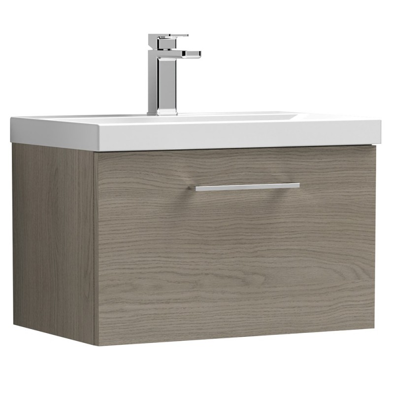 Arno 600mm Wall Hung Single Drawer Vanity Unit with Thin-Edge Basin - Solace Oak Arno 600mm Wall Hung Single Drawer Vanity Unit with Thin-Edge Basin - Solace Oak
