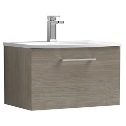 Arno 600mm Wall Hung Single Drawer Vanity Unit with Curved Basin - Solace Oak