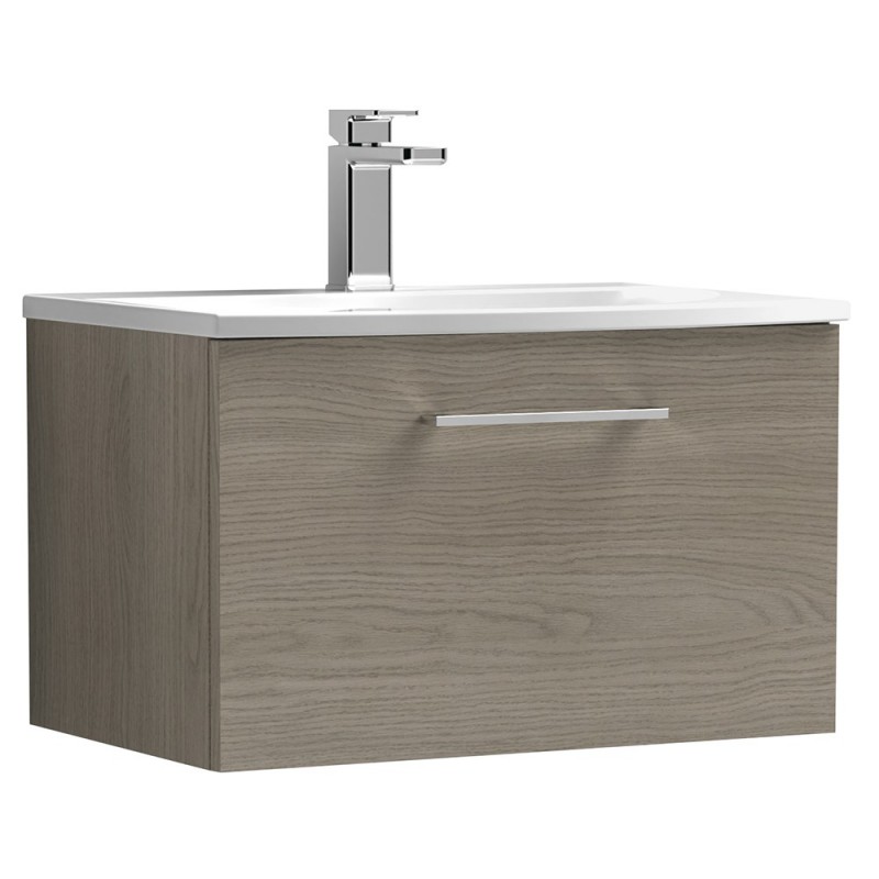 Arno 600mm Wall Hung Single Drawer Vanity Unit with Curved Basin - Solace Oak Arno 600mm Wall Hung Single Drawer Vanity Unit with Curved Basin - Solace Oak
