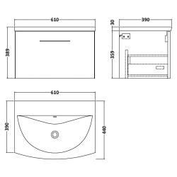 Arno 600mm Wall Hung Single Drawer Vanity Unit with Curved Basin - Solace Oak - Technical Drawing