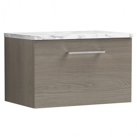 Arno 600mm Wall Hung Single Drawer Vanity Unit & Laminate Worktop - Solace Oak/Carrera Marble