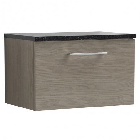 Arno 600mm Wall Hung Single Drawer Vanity Unit with Laminate Top - Solace Oak