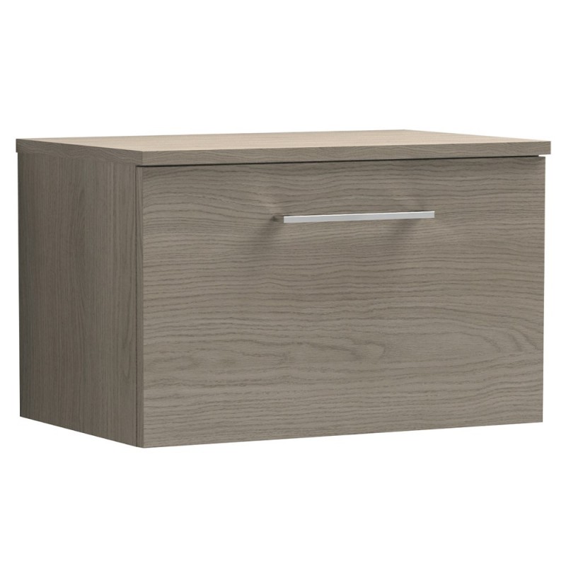 Arno 600mm Wall Hung Single Drawer Vanity Unit with Worktop - Solace Oak Arno 600mm Wall Hung Single Drawer Vanity Unit with Worktop - Solace Oak