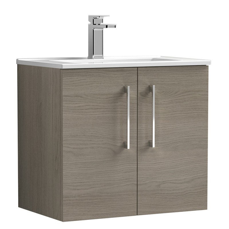 Arno 600mm Wall Hung 2 Door Vanity Unit with Minimalist Basin - Solace Oak Arno 600mm Wall Hung 2 Door Vanity Unit with Minimalist Basin - Solace Oak