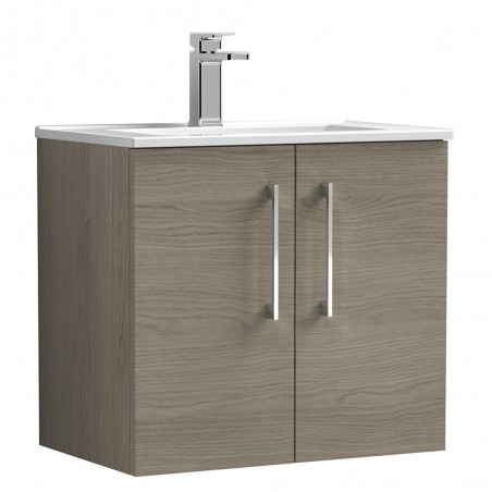 Arno 600mm Wall Hung 2 Door Vanity Unit with Minimalist Basin - Solace Oak